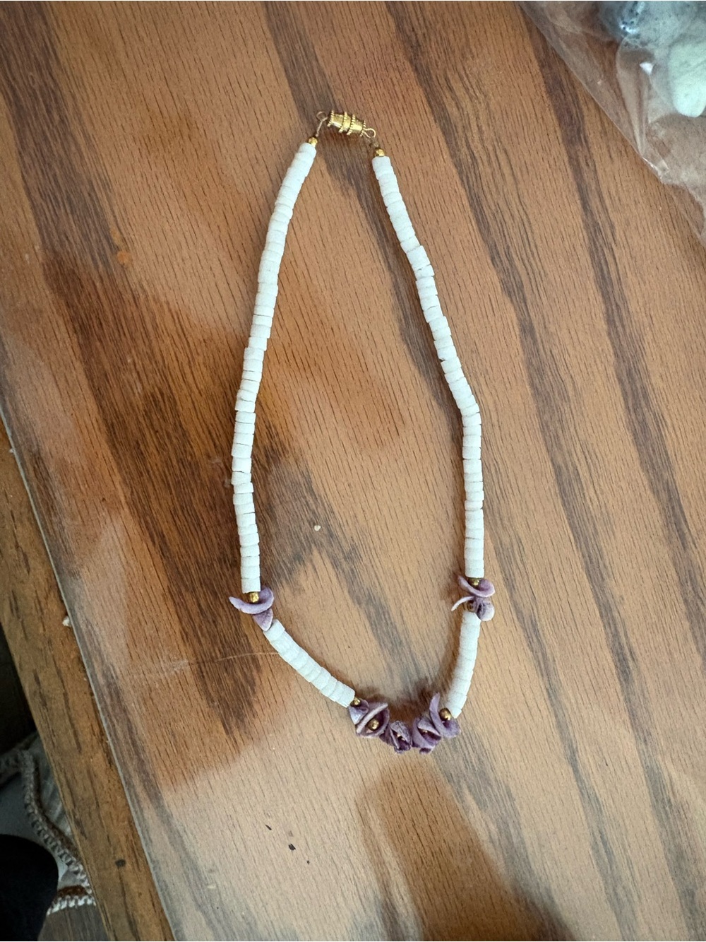 White Beaded Necklace with Lavender Shell Accents 7 Inches